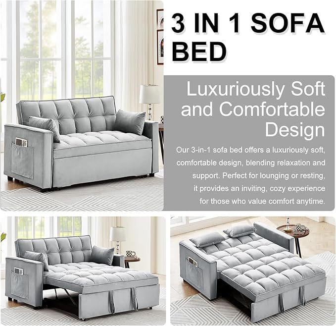 3 in 1 Convertible Sleeper Sofa Bed 55 Pull Out Couches Modern Loveseat Sleeper Sofa with Adjustable Reclining Backrest &amp Side Pockets for Living Room Velvet Fabric Grey
