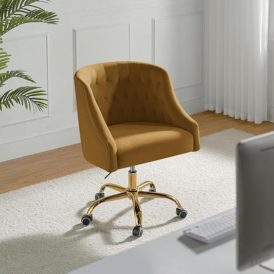 TINA'S HOME Velvet Home Office Chair with Gold Base Comfortable Modern Cute Desk Chair Adjustable Swivel Task Chair for Living Room Bedroom Vanity Study Golden