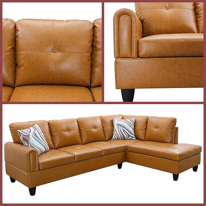 L Shaped Couch Sectional Couches with Chaise 3 Pieces Modular Convertible Sofa for Living Room Furniture Sets and Small Apartment Faux Leather Ginger