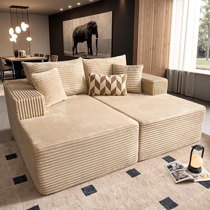 75 Boneless Chaise Lounge Chair Indoor Moudular Sectional Double Couch with Deep Seat No Assembly Required Modern Comfy Sleep Sofa Bed for Movie Reading Yoga for Living Room Beige