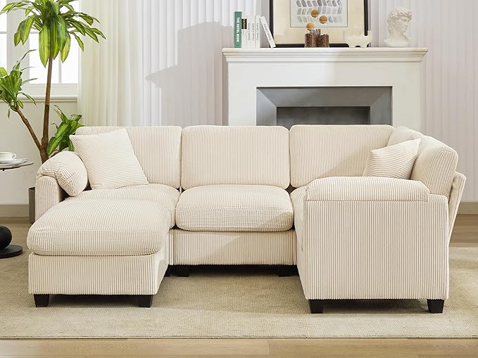 DRMBOOK 88'' U Shaped Modular Sectional Cloud Couch Comfy Corduroy 4 Seater Sofa with Curved Armrest Modern Deep Seat Modular Sofa for Living Room (Cream Beige 3 Seat+1 Corner+1 Ottoman)