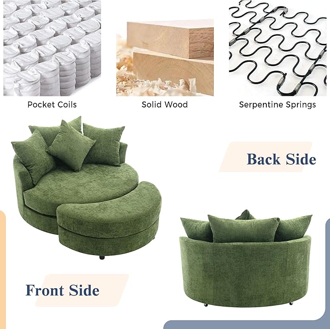 ERYE Oversized Round Accent Barrel Chair with Storage Ottoman and 360 Swivel Base Modern Chenille Upholstered Leisure Recliner Armchair for Living Room Bedroom