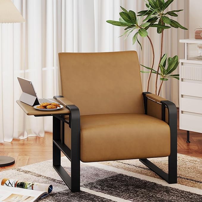 Andeworld Modern Accent Chair Mid Century Living Room Armchair Upholstered PU Sofa Side Chair with Side Table for ReadingWorkingOfficeApartmentBrown