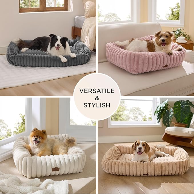 Bedsure ComfyFleece™ Cute Dog Beds Large Sized Dog - Washable Furry Pet Beds Rectangle Orthopedic Corduroy Fleece Puppy Beds with Removable Zipper Cover 30x24x8 inchesNight Blue