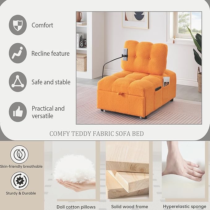 Modern Teddy Fabric Sofa Bed Futon3 in 1 Convertible Pullout Bed Couches with 3 Reclining BackrestsPhone StandSmall Sofa Single Sleeper Chair Bed for Living Room Bedroom (Orange)