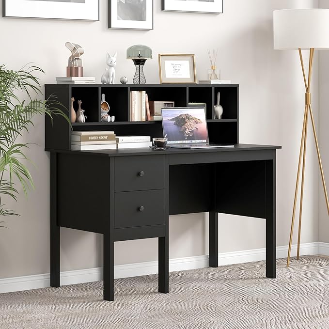 COSTWAY Writing Desk with USB Charging Ports &amp Power Outlets 48 Computer Desk with Drawers &amp 5-Cubby Hutch Study Table Computer Work Station for Home Office (Black)