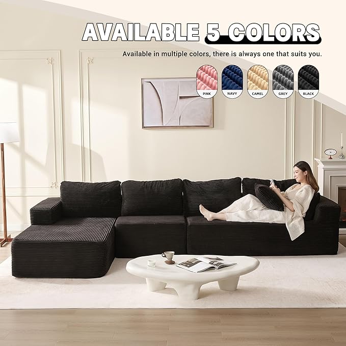 138 Boneless Couch with Deep Seat Set of Modular Sectional Sofa Cloud Sectional Couch for Living Room No Assembly Required Corduroy 4 Seater L-Shape Left Black