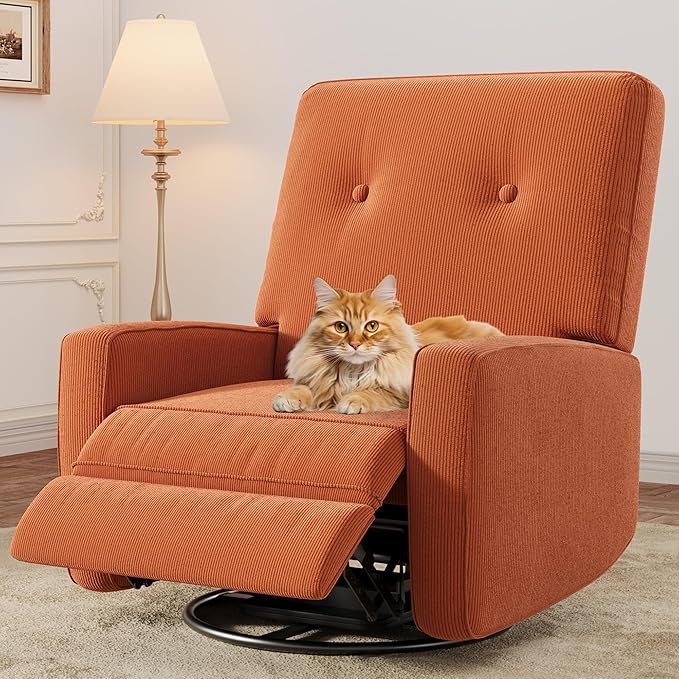 Recliner Chair 360° Swivel Rocking Glider Chair for Adults with Adjustable Backrest &amp Footrest Cozy Corduroy Upholstered Armchair for Living Rooms Bedrooms Apartments Orange