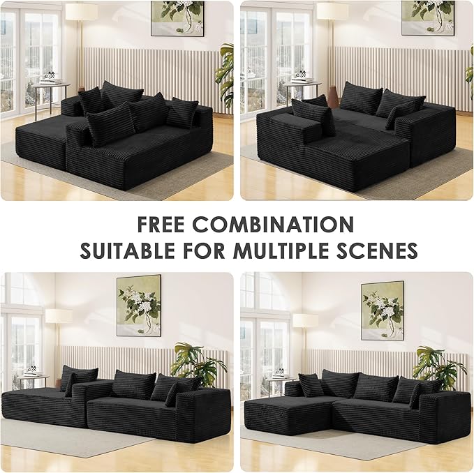 107 Cloud Couch Modular Sectional L Shaped Couch with Chaise Deep Seat Sofa Fluffy Corduroy Couches Boneless Couch for Living Room Black Left Facing Chaise