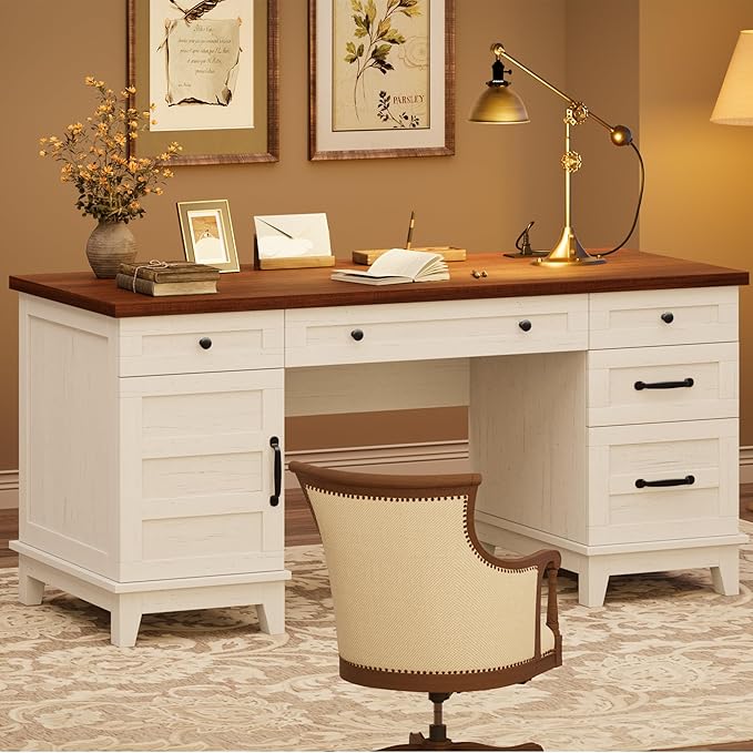 GAOMON 60in Wooden Executive Desk with 5 Drawers Office Desk Computer Table with Charging Station Farmhouse Home Office Desk with File Cabinet Storage for Study and Home Office White Walunt