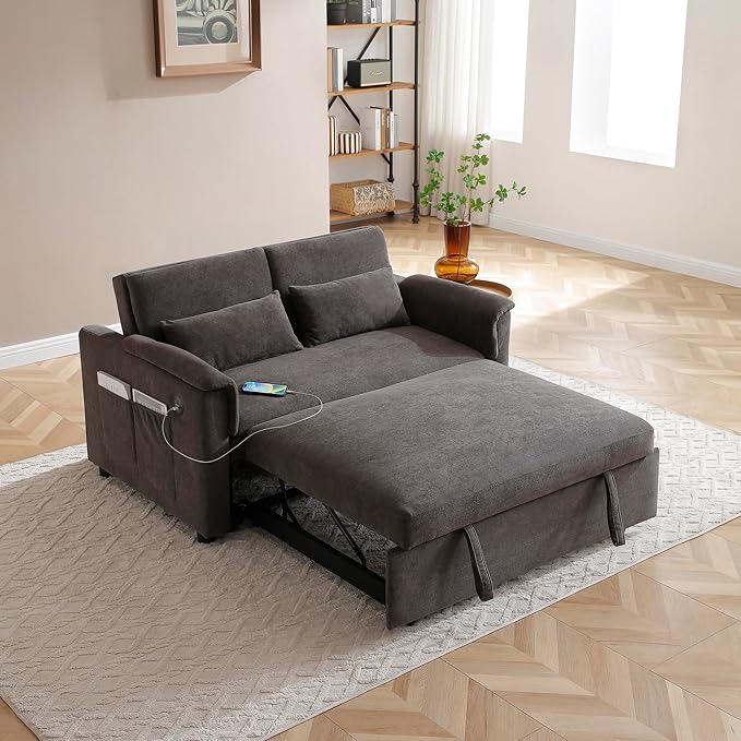 55.5 Small Sleeper Sofa Couch with Pullout Bed 3-in-1 Convertible Sleeper Sofa Bed wih Adjustable Backrest with USB Ports Modern Velvet Twin Pull Out Couch for Living Room (Grey)