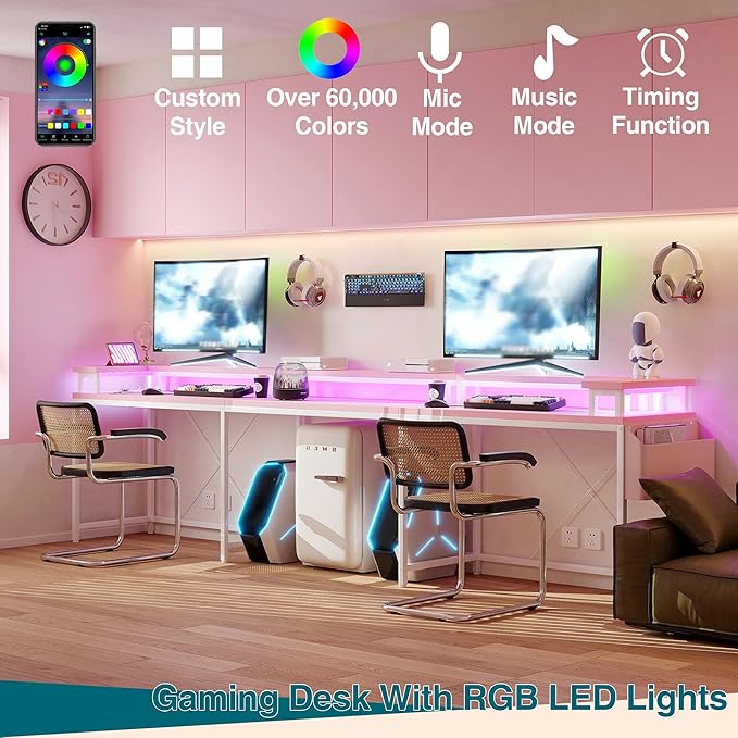 Garvee 79 Inch u Shaped Computer DeskLarge Gaming Desk with Power Outlets &amp LED LightsReversible l Shaped Desk for Home Office Work and GamingPink