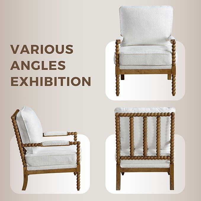Furniture of America Dedee Mid Century Modern Boucle Fabric Accent Chair with Arms Wide Spindle and Solidwood Legs for Living Room Bedroom Reading Corner Home Office Light Oak and White