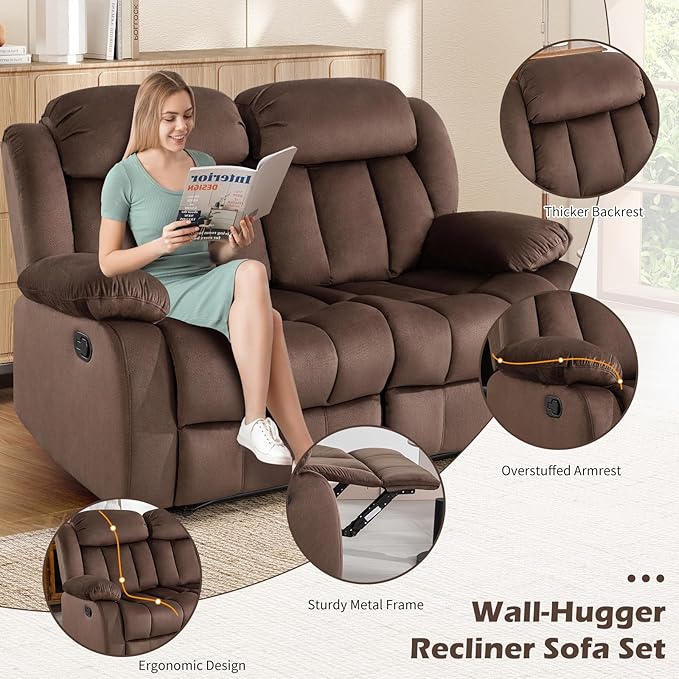 INZOY Manual Loveseat Recliner Sofa with Padded Armrest Wall-Hugger 2 Seat Reclining Love Seat Couches with Overstuffed Back Double Seater Reclining Chair for Living Room Theater Seating Brown