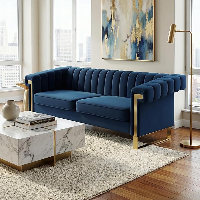 Luxury Velvet 3-Seater Sofa Mid-Century Modern Couch with Gold Metal Legs Waterfall Stitched Back Removable Cushions for Living Room Durable &amp Comfortable (Blue)