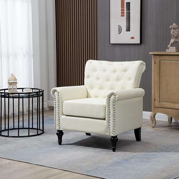 Generic Mid Century Modern Accent Chair Linen Armchair wTufted BackWood Legs Upholstered Lounge Arm Chair Single Sofa for Living Room Bedroom Beige