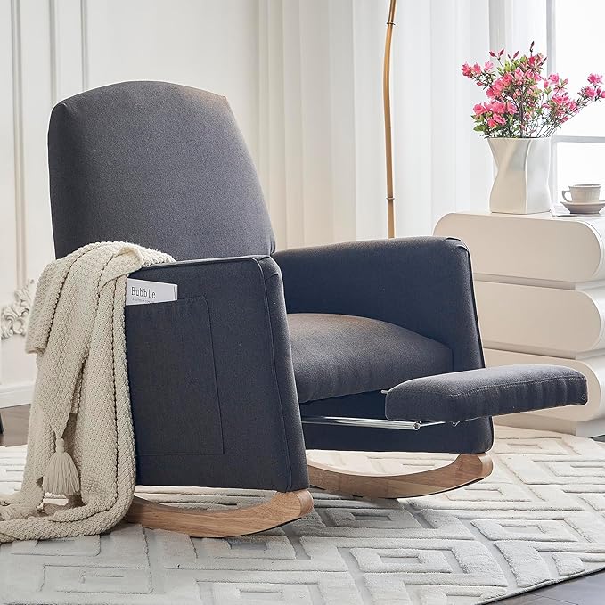 Modern Rocking Chair Nursery Comfy Glider Nursery Chair with Foot Rest Upholstered Rocker with Pocket Accent Reading Armchair with Solid Wood Base for Living Room Bedroom Lounge Room (Dark Gray)