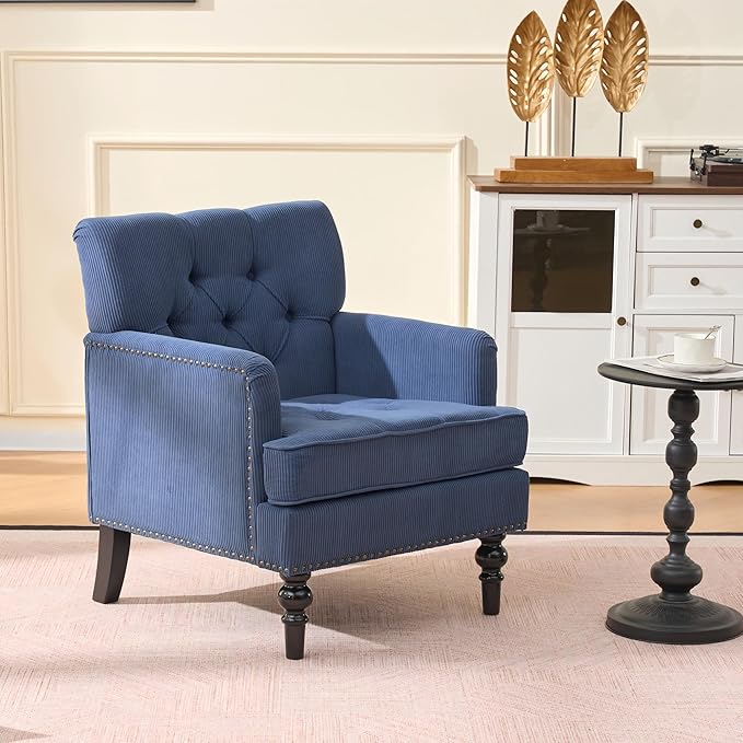 Mid Century Modern Beige Accent Chair with Arms Corduroy Upholstered Armchair with Nailhead Trim Tufted Club Chair &amp Single Sofa Chairs for Living Room Wood Frame &amp Rubber Wood Legs (Blue)