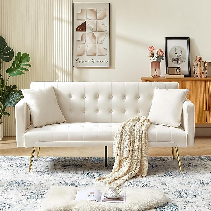 Anwick Modern Velvet Futon Sofa Bed: 72 Satin Convertible 2 Pillows Tufted Back Golden Metal Legs Folding Sleeper Loveseat for Small Space Home Office Living Room (Beige)