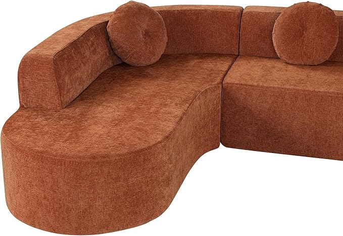 122'' Sectional Sofa Fully Compressed SpongeElegant Curved Design with Three Round Cushions Soft Fabric Upholstery High-Resilience Foam for Ultimate Comfort Orange