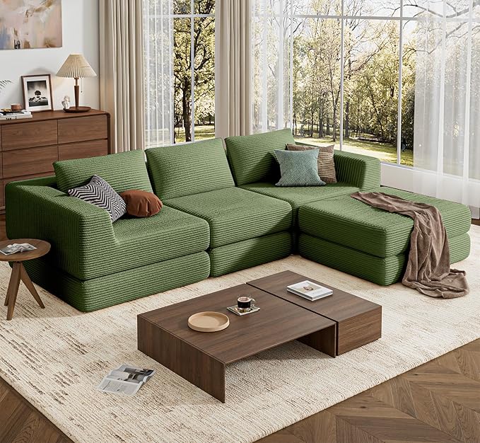 L-Shaped Corduroy Modular Sectional Couch Modern Floor Couch Sofa for Apartment Living Room Convertible Sleeper Sofa Bed with 3 Pillows No Assembly Required Green