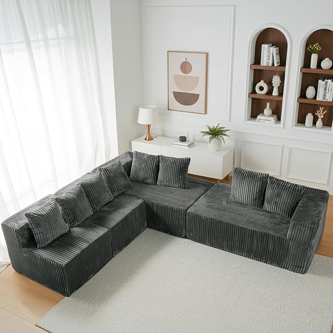 131 Cloud U-Shaped Sectional Sofa Modular Boneless Couch with Chaise4-Seater Couch for Living RoomPlush Corduroy Fabric No Assembly Required (Grey)