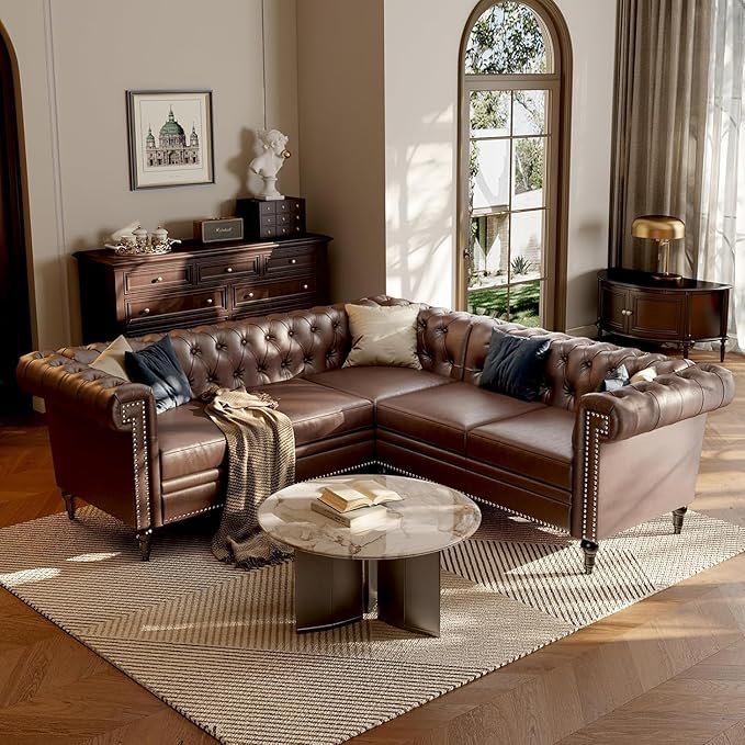 85 Chesterfield Sectional Sofa L Shaped Convertible Faux Leather Couch with Tufted Nailhead &amp Rolled Arms 5-Seater Leather sectional couches for Living Room Apartment Office Dark Brown