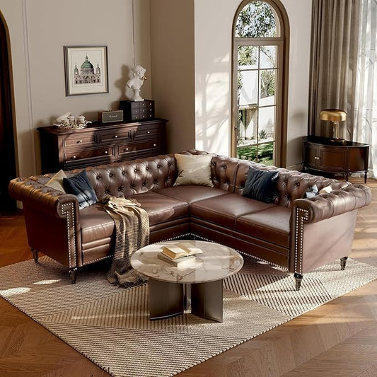 85 Chesterfield Sectional Sofa L Shaped Convertible Faux Leather Couch with Tufted Nailhead &amp Rolled Arms 5-Seater Leather sectional couches for Living Room Apartment Office Dark Brown