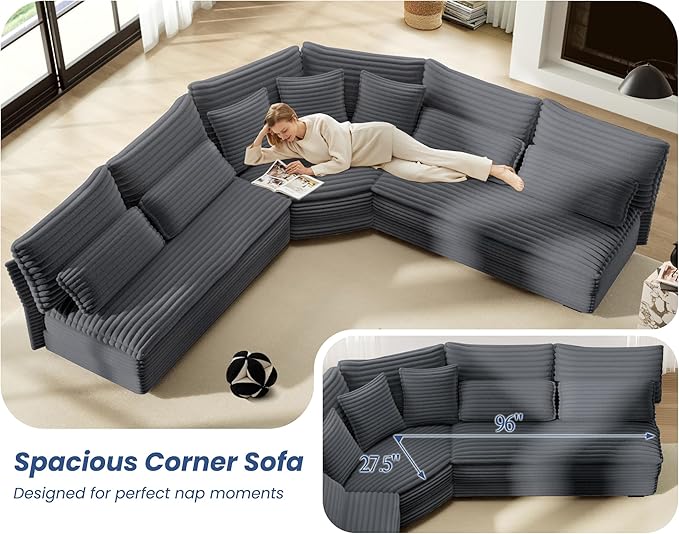 5-Seater Sectional Couch 102 L-Shaped Corner Sofa Oversized Corduroy Cloud Couch with 2-Layer Cushions for Living Room Aparment (Darkgray)