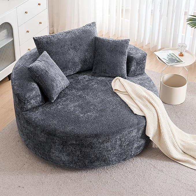 54.5 Grey Oversized Swivel Barrel Chair - Chenille Comfy Modern Sofa Chair Fluffy Upholstered Round Accent Chair Cloud Lounge Armchair with 3 Pillows for Living Room Apartment