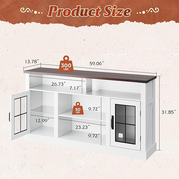 WLIVE Farmhouse TV Stand for 65 Inch TV Tall Entertainment Center with LED Lights &amp Storage Cabinets TV Media Console Table with Adjustable Shelf for Living Room Bedroom Home Theater Milk Whi
