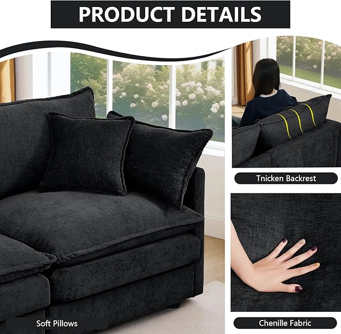 GNIXUU 102 Modular Sectional Sofa L Shaped Cloud Couch with Movable Ottoman &amp 4 Pillows Deep Seat Chenille 4 Seater Sectional Couches for Living Room Apartment (Black)