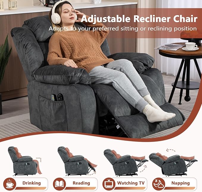 cinkehome Power Lift Recliner Chair for Elderly with Heated Massage Electric Lift Chairs Overstuffed Reclining Chair with Remote Control and Side Pockets for Living Room Bedroom (Velvet Gray)