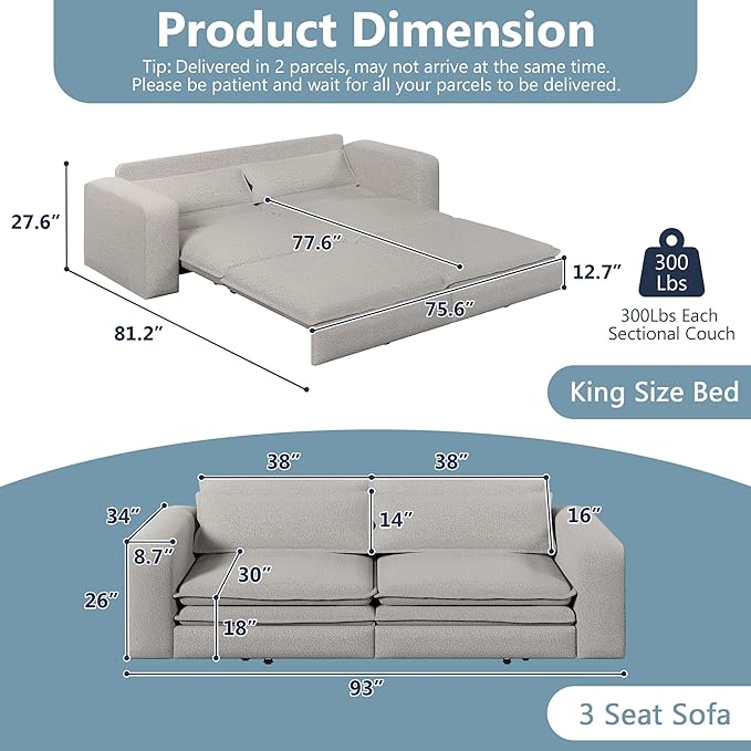 93 King Size Sofa Bed 3 in 1 Convertible Pull Out Couch Loveseat Sleeper Comfy Upholstered Teddy Sofa 3 Seater Chaise Lounge with 2 Pillows Modern Couch Bed for Living Room Grey