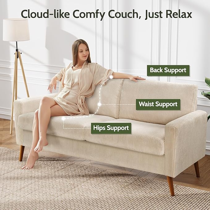 WEUP 68 Loveseat Sofa Beige Corduroy Couch Mid Century Modern Love Seat Couches for Living Room Small Loveseat for Bedroom Office Comfy Sofa with Spring Cushion Solid Wood Tool-Free Assembly