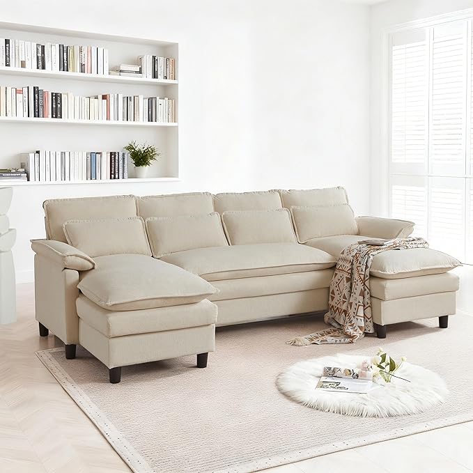 105 U Shaped Cloud Couch Sectional 4 Seat Home Sofa Living Room Comfy Couches with Storage Ottoman Double Layer Cushion Modular Sofas for Bedroom Apartment and Office Beige