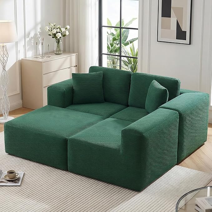 106 Cloud Sectional Couch with Ottoman L Shaped Boneless Couch with Deep Seat 3 Seater Corduroy Modular Sectional Sofa for Living Room No Assembly Required Green
