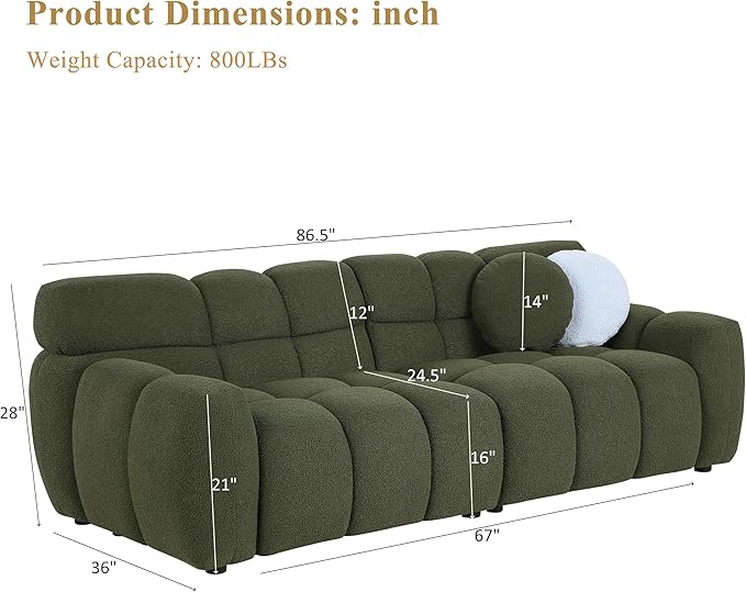 86.5 Green Boucle Cloud Sofa Couch Modern Tufted 3 Seater Sectional Sofa Set for Living Room Comfy Upholstered Couch Bed with 2 Accent Pillows for Bedroom Apartment Office