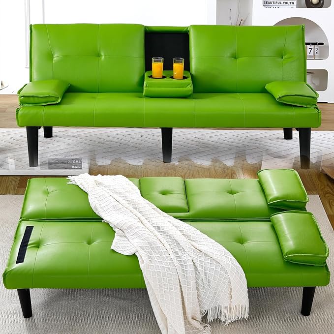 Convertible Folding Futon Sofa Bed Sleeper Couch for Living Room Modern Faux Leather Upholstered Loveseat w/Removable Armrests Metal Legs 2 CupHolders Love Seat Sofa Bed for Small Spaces (Green)