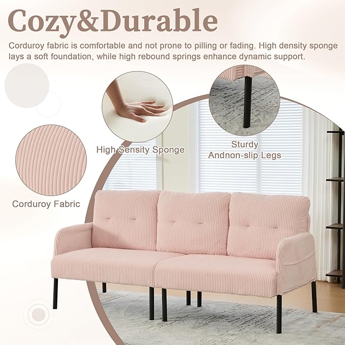 KEIKI 67 Corduroy Loveseat Sofa with Double Side Pockets &amp High Resilience Cushion Modern Style Upholstery Oversized 2-Seater Couch with Metal Legs Easy Assembly for Living Room Pink