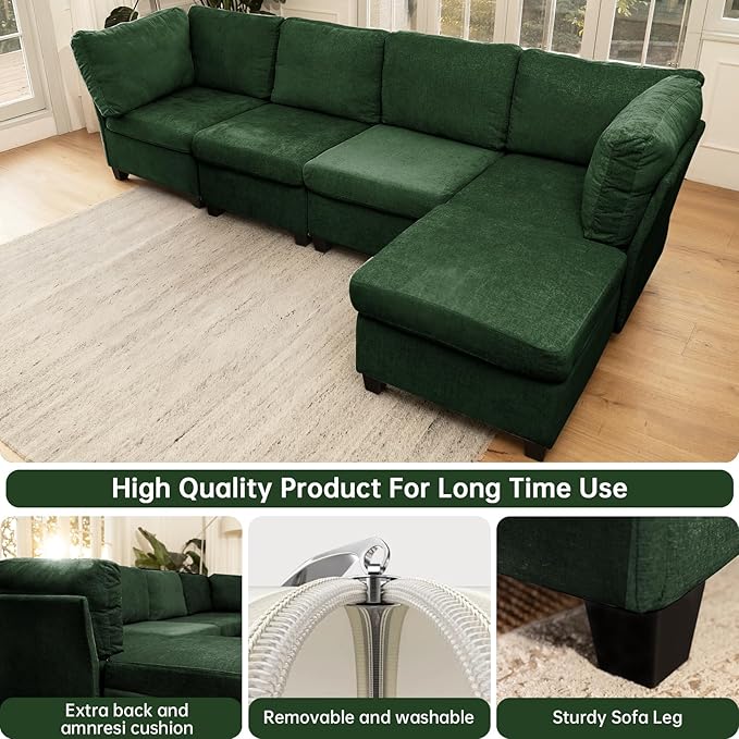 L Shaped Sofa Modern Sofa Modular sectional Cloud Couch with 1 Ottomans 5-seat Chenille deep-seat with Storage and 6 Pillows for Living Rooms bedrooms and Apartments (Green)