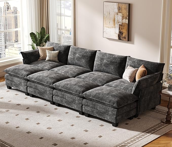 KKL 120 Huge Modular Sectional Sofa Bed 8 Seater Convertible J/L/U-Shaped Sleeper Cloud Couch with Ottoman Chenille Sectional Couches for Living Room Apartment Grey