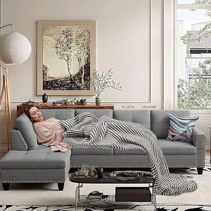 Modular L-Shaped Sectional Sofa Modern Couches with Movable Chaise Convertible 4-Seater Couch for Bedroom Apartment &amp Office Brown Grey