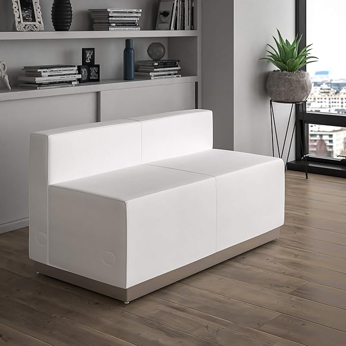EMMA + OLIVER White LeatherSoft Loveseat with Brushed Stainless Steel Base