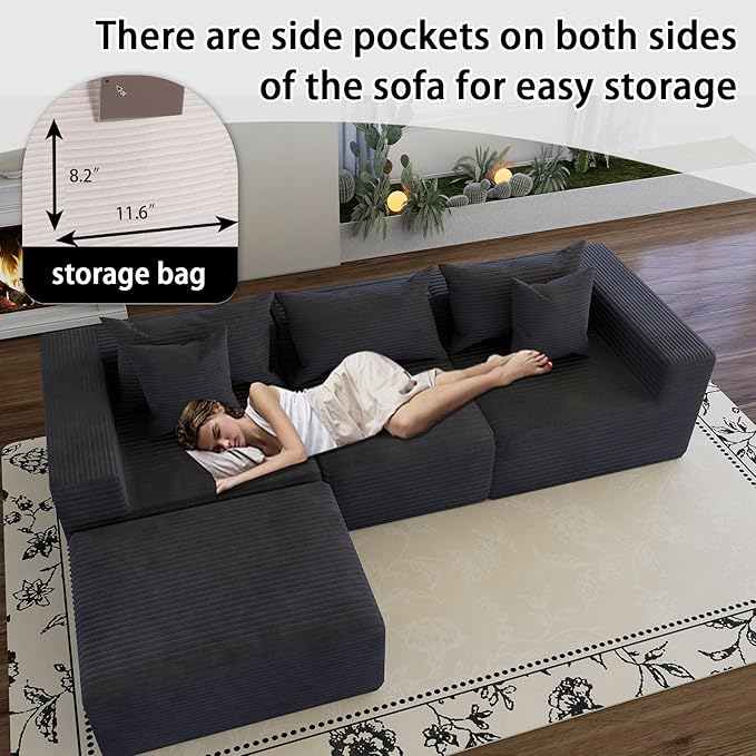 Modular Sectional Sofa CouchOversized Cloud with Deep Seat CouchesBoneless Compression Foam Sofa with Pillows for Living Room/Apartment/Bedroom (Grey 4 Seater with 1 Ottoman)