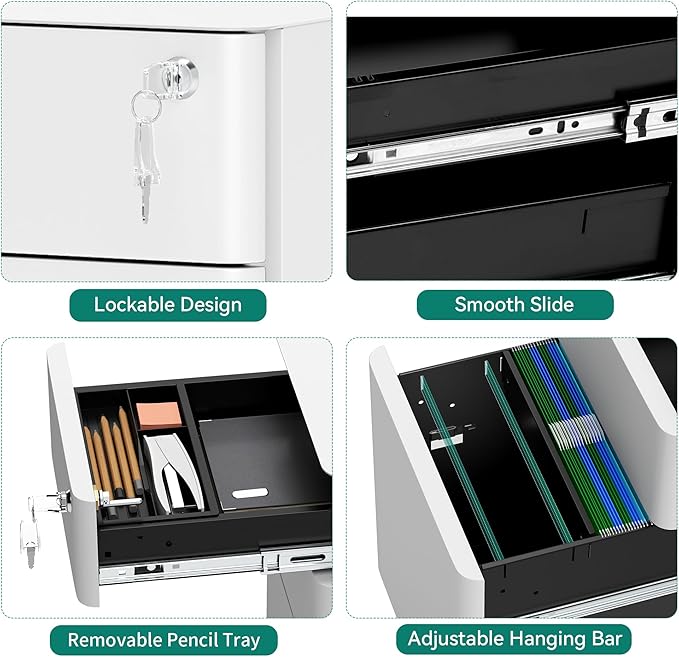 YITAHOME 3-Drawer File Cabinet Lockable Mobile Filing Cabinet for A4/Letter/Legal Size Folder Vertical File Cabinet for Home Office Installed Except Casters White