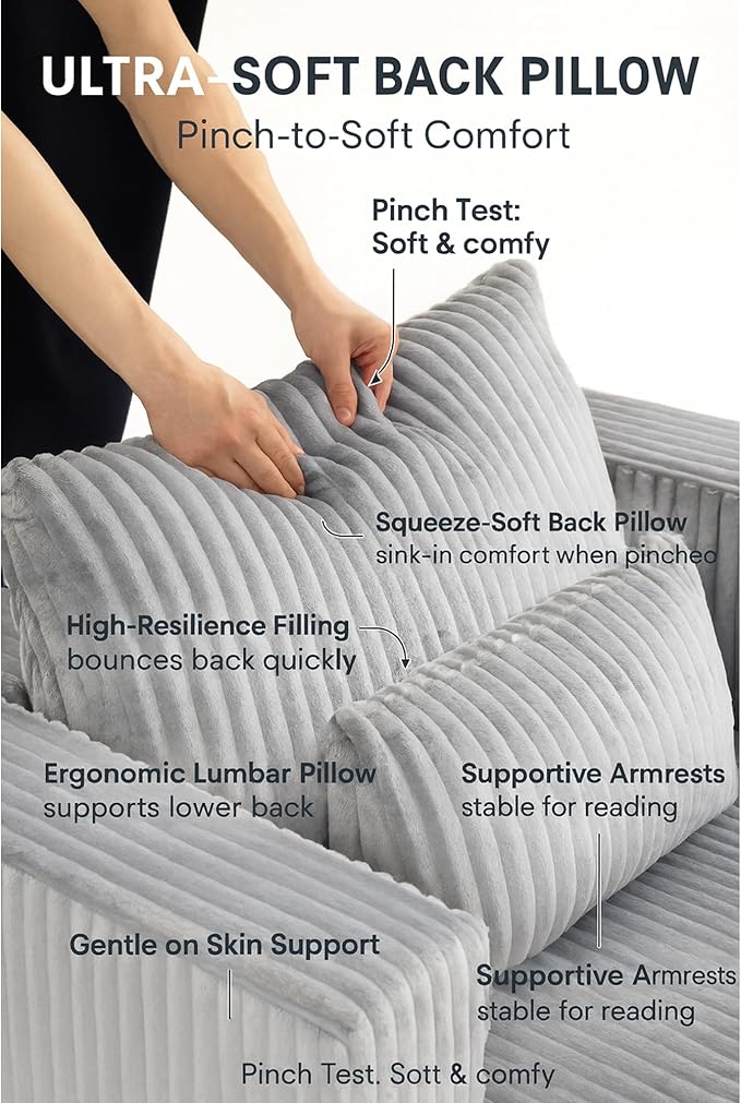KEIKI Chaise Lounge Chair Indoor with Ottoman 62.6 D Oversized Sleeper Chair Corduroy Upholstered Comfy Sofa for Bedroom Living Room Office Grey