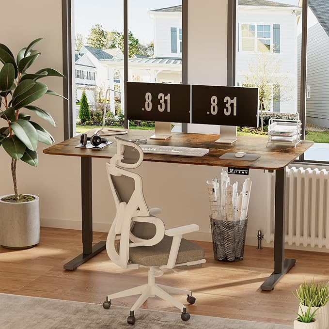 YESHOMY Height Adjustable Electric Standing Desk Memory Home Office Sit Stand up Desk with Phone Holder and USB Charging Port Black Leg/Rustic Brown Top