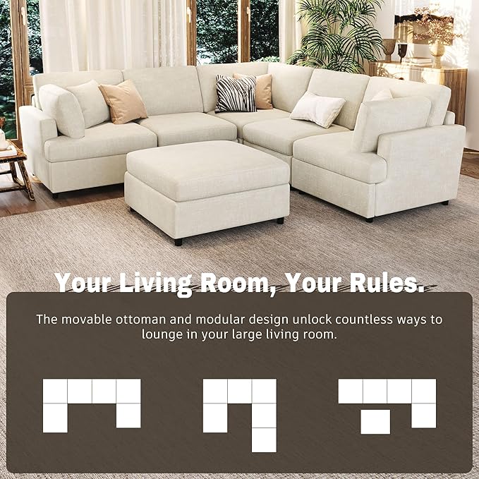 Modern Large Modular Sectional Couch U-Shape Sectional Sofa with Removable Ottoman Polyester Sofa 6-Seater Couch with Solid Wood Legs for Living Room (Beige-29J)