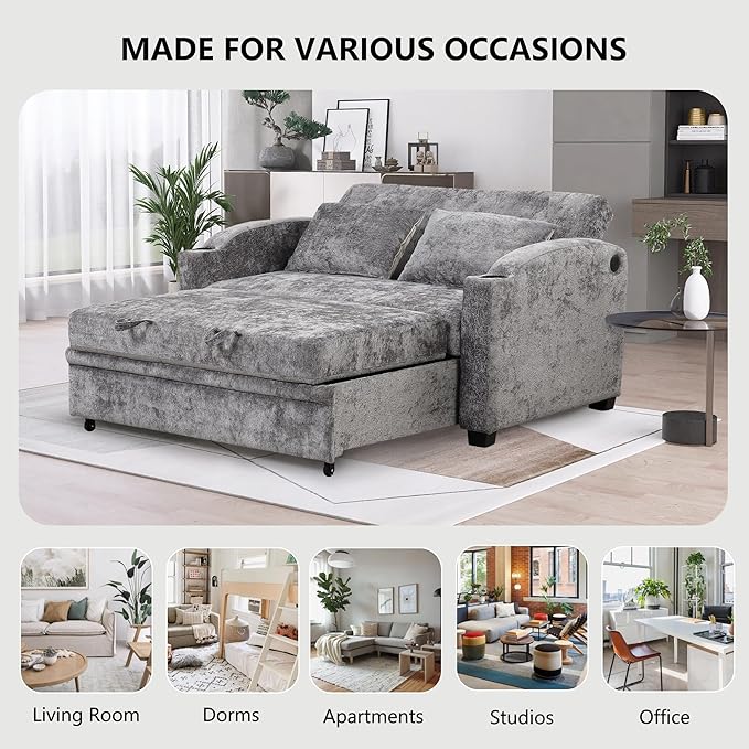 Convertible Loveseat Sofa with Adjsutable Backrest 61.6 Pull Out Sofa Bed with 2 Throws Pillows Cup Holders Chenille Loveseat Couch for Living Room Apartment (GrayCup Holders 4)